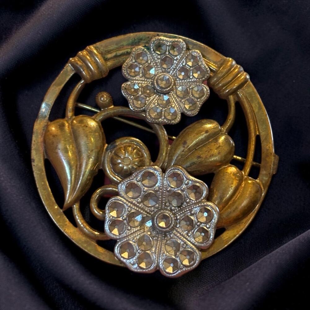 1930s Art Deco Rhinestone Flower Brooch Gold Floral Statement Pin